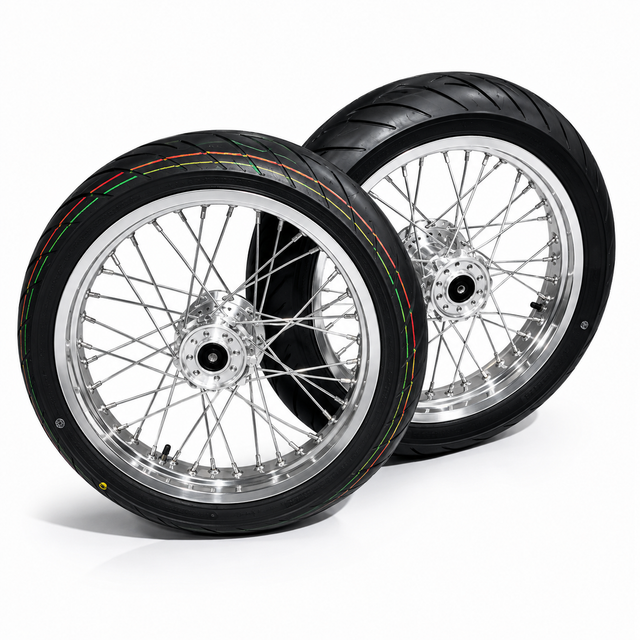 Complete 17in Emoto Super Moto Wheelset (Chrome/Black) - 79Bike/Surron/Eride/Ventus