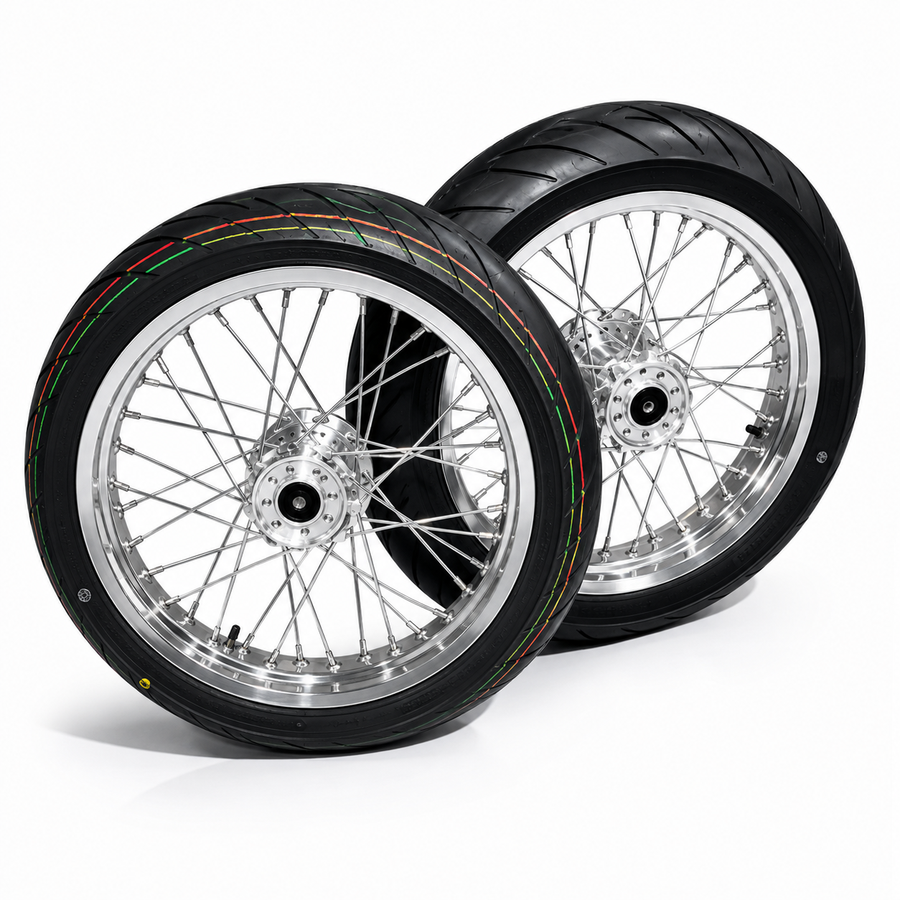 Complete 17in Emoto Super Moto Wheelset (Chrome/Black) - 79Bike/Surron/Eride/Ventus